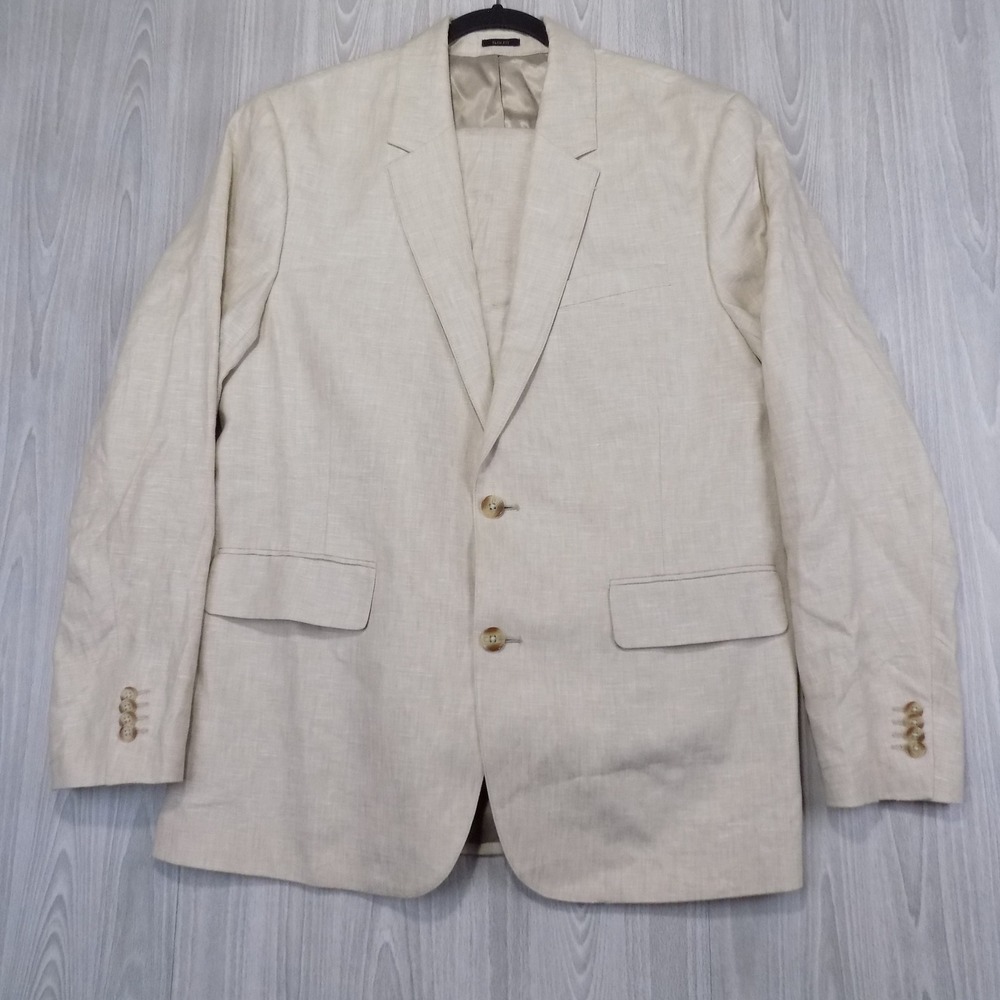 Abercrombie & Fitch Slim Fit Linen Suit Mens 44R 34x34 Beige Preppy EUC - Picture 2 of 16